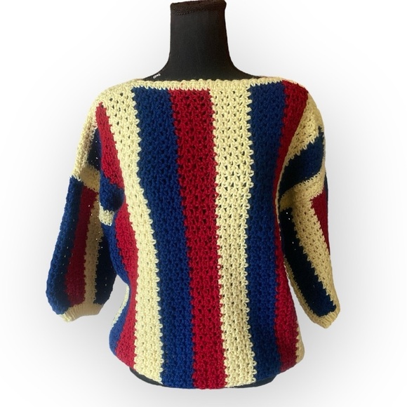 Hand Crochet Striped Multicolor Pullover Sweater Fits NEW Women’s Size S/M - Picture 2 of 9